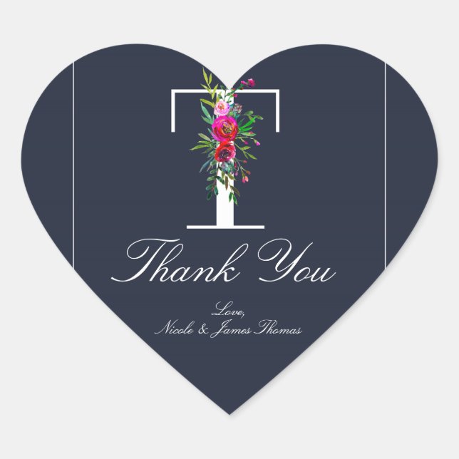 Sticker Cœur T Monogramme Initiale Moderne Fleurs Bleues Mariag (Devant)