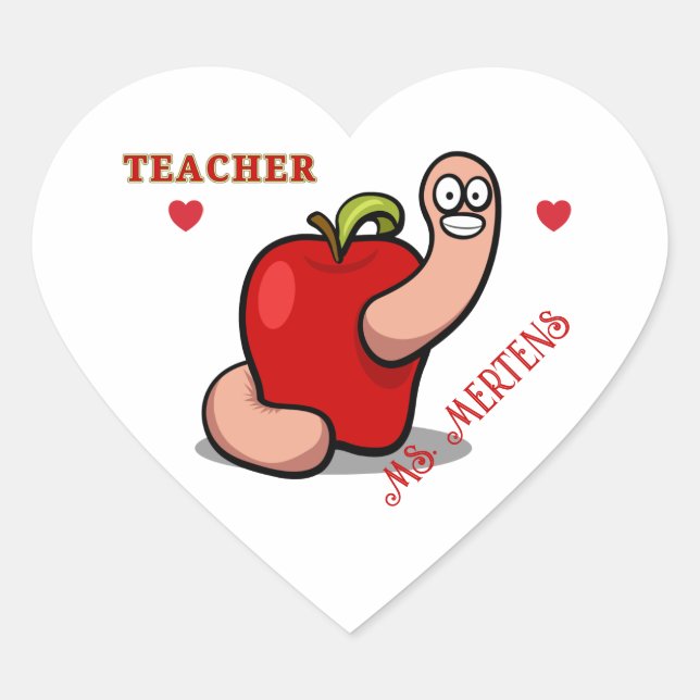 Sticker Cœur Teacher Appréciation Worm in Apple Ajouter un nom (Devant)