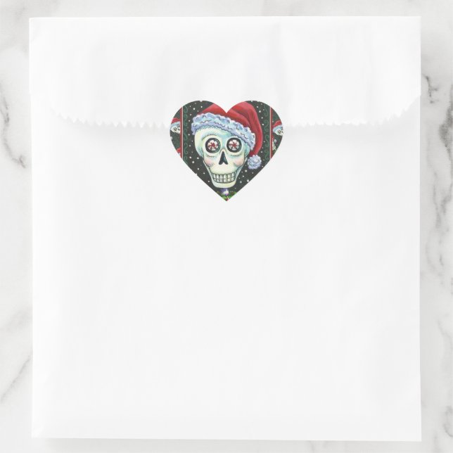 STICKER CŒUR TÊTE MORTE PÈRE NOËL SKULL, HUMOUR SKELETON DE NOË (Sac)