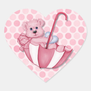 Sticker Cœur Thème bébé Parapluie Ours Pois roses