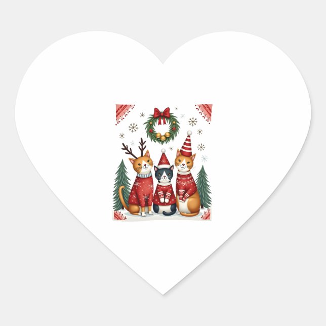 Sticker Cœur Three Cat Funny Christmas Cat Ugly Xmas Sweater Me (Devant)