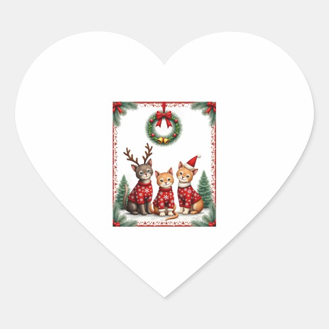 Sticker Cœur Three Cat Funny Christmas Cat Ugly Xmas Sweater Me (Devant)