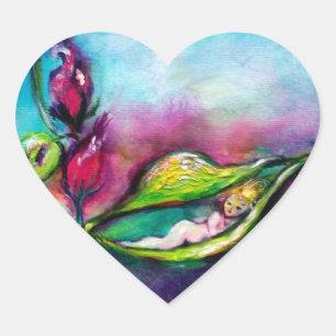 STICKER CŒUR THUMBELINA DORMANT ENTRE LE FEUILLE ROSE