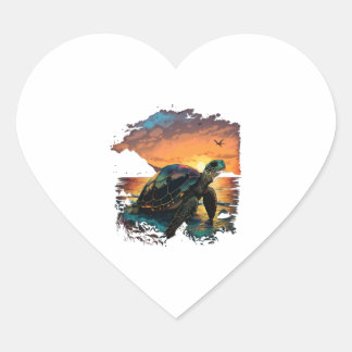 Sticker Cœur Tortue Mer Océan Plage tropicale Plage Sunset