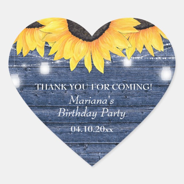 Sticker Cœur Tournesol bleu pays sur le bois Anniversaire (Devant)