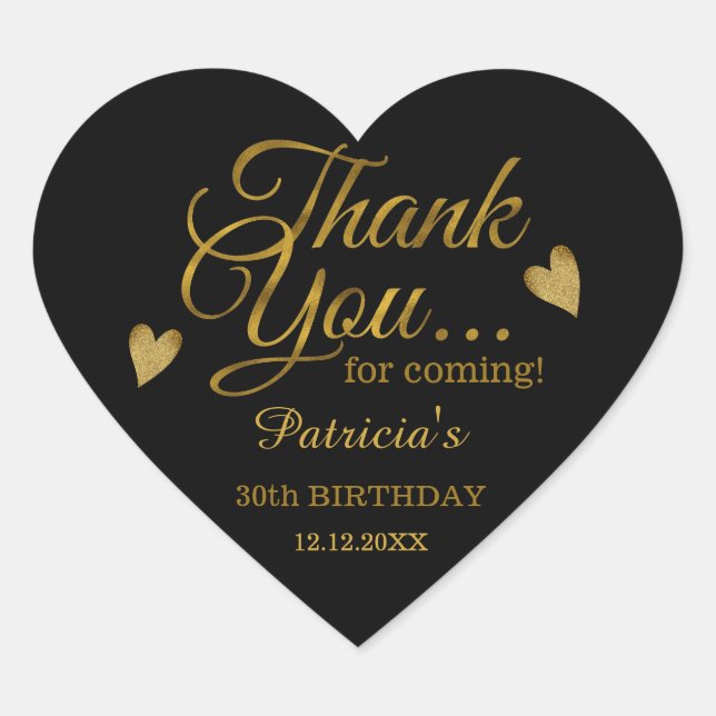 Sticker Cœur Trendy Black And  Gold 30th Birthday Thank You   (Devant)
