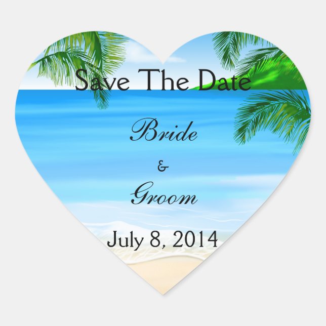 Sticker Cœur Tropical Waters Beach Wedding Enregistrer La Date (Devant)