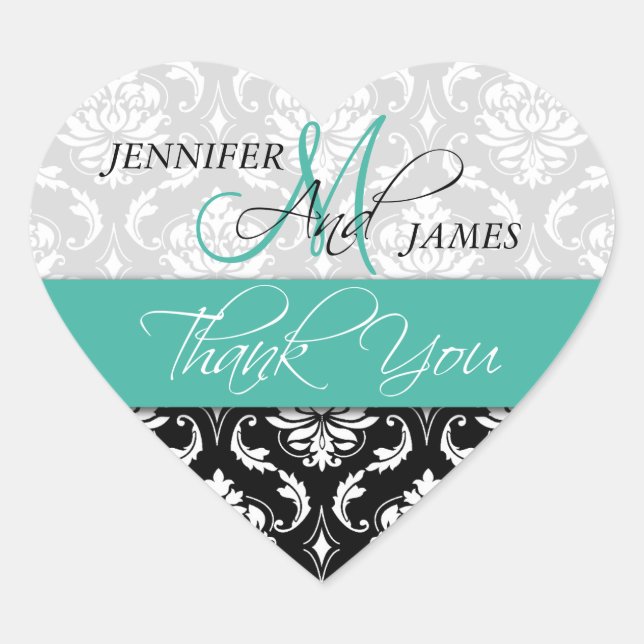 Sticker Coeur Turquoise Black Mariage damassé Favo (Devant)