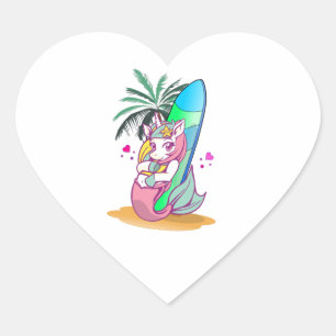 Sticker Cœur Unicorne avec planche de surf sur la plage