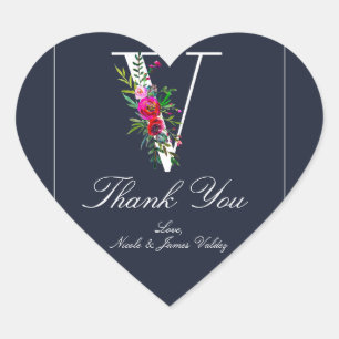 Sticker Cœur V Monogramme Dernier initial bleu Floral Mariage