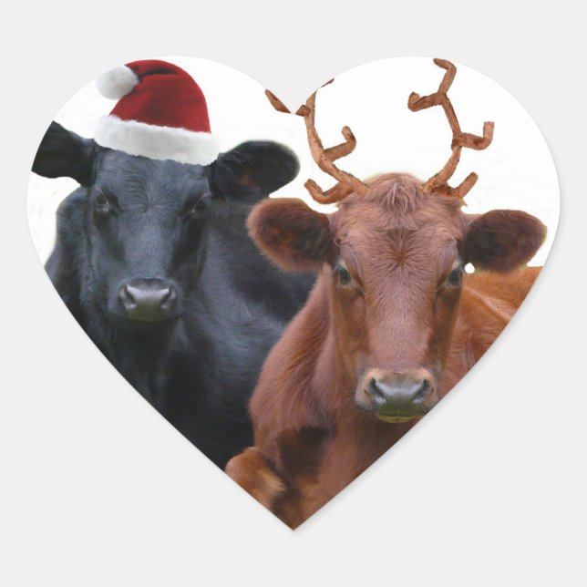 Sticker Cœur Vaches de Noël à Santa Hat et Antlers (Devant)