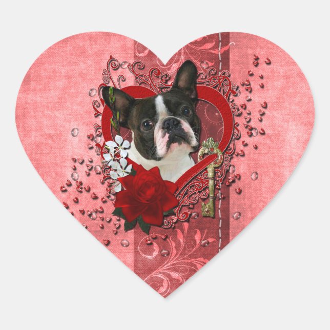 Sticker Cœur Valentines - Clé de mon coeur - Boston Terrier (Devant)
