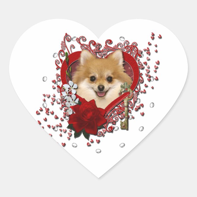 Sticker Cœur Valentines - Clé de mon coeur - Poméranien (Devant)