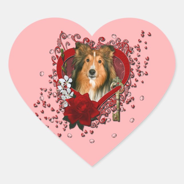 Sticker Cœur Valentines - Clé de mon coeur - Sheltie (Devant)
