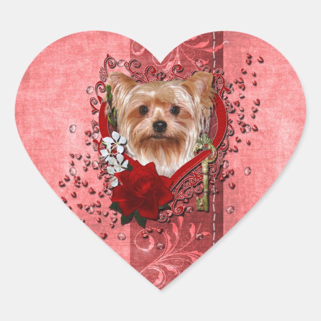 Sticker Cœur Valentines - Clé de mon coeur - Yorkshire Terrier (Devant)