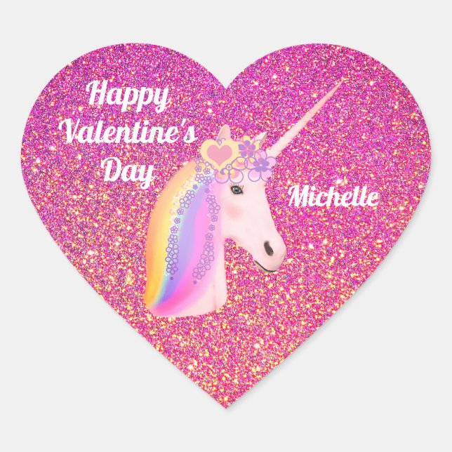 Sticker Cœur Valentines Day Unicorn Parties scintillant rose Pe (Devant)