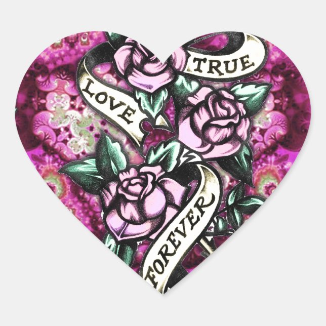 Sticker Cœur Véritable Amour Pour Rockabilly motif Rose. (Devant)