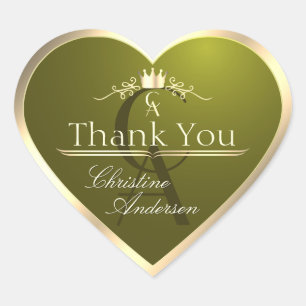 Sticker Cœur Vert olive avec cadre doré et monogramme Merci