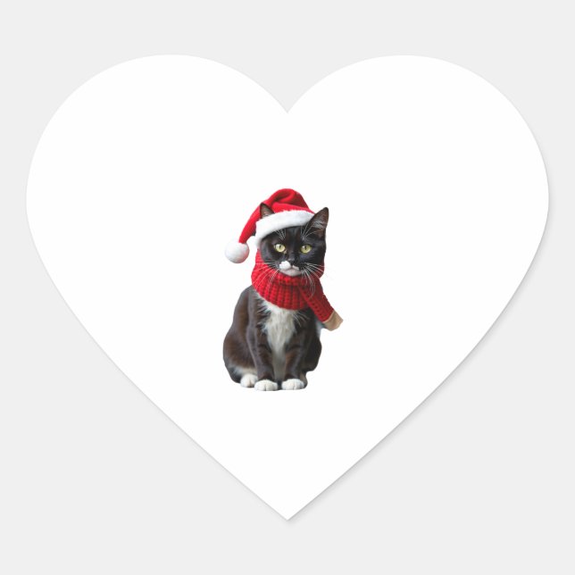 Sticker Cœur Vilain Noël Chat Noir Santa Hat Scarf Fête C (Devant)