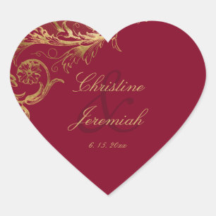 Sticker Cœur Vintage Burgundy Gold Floral Damask Script Mariage