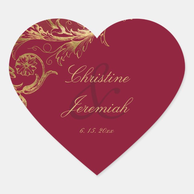 Sticker Cœur Vintage Burgundy Gold Floral Damask Script Mariage (Devant)