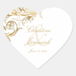 Sticker Cœur Vintage or Floral Damask Script Mariage blanc He