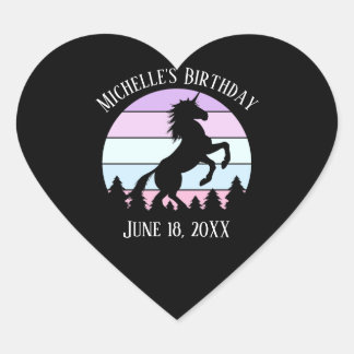 Sticker Cœur Vintage Sunset Unicorn Nom de l'élevage Date Anniv