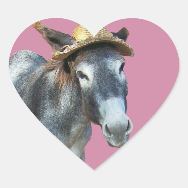 Sticker Cœur Violet l'âne dans Casquette de paille avec fleurs (Devant)