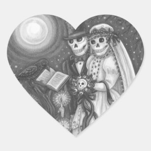 STICKER CŒUR VOEUX DE CEMETIERE, MARIAGE DE SQUELETTE, MARIE ET