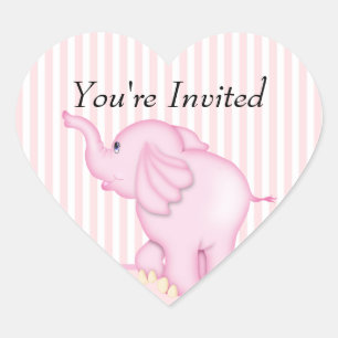 Sticker Cœur Vous êtes invité Baby shower d'éléphant rose