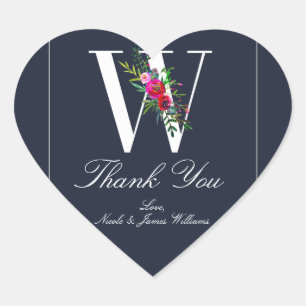 Sticker Cœur W Monogramme Dernier initial bleu Floral Mariage