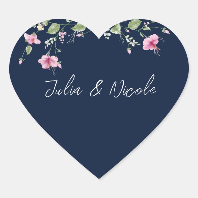 Sticker Cœur Wedding shower en fleur d'Hibiscus rose bleu marin (Devant)