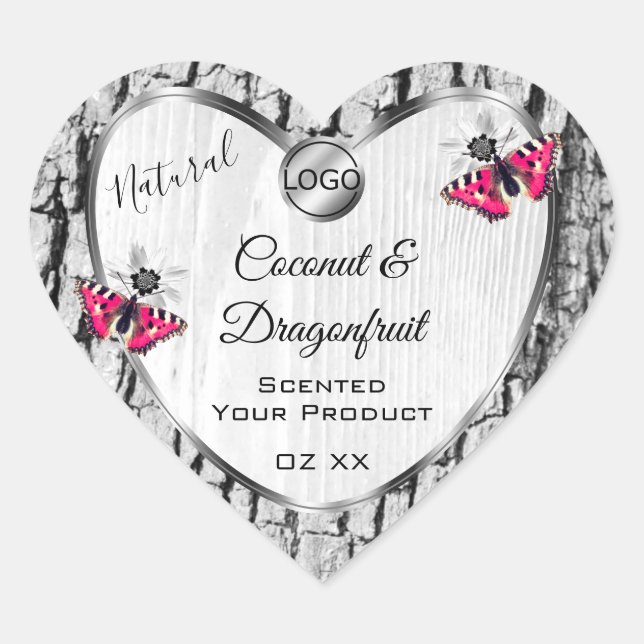 Sticker Cœur White Tree Bark Pink Butterfly Produit Logo Étique (Devant)