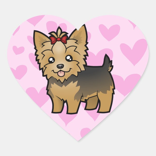Sticker Cœur Yorkshire Terrier Love (cheveux courts avec arc) (Devant)