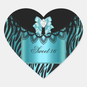 Sticker Cœur Zèbre Bleu Turquoise Sweet Sixteen Sweet 16 Noir D