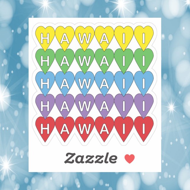 Sticker Coeurs arc-en-ciel Hawaii (A die cut sticker that says Hawaii in yellow, green, blue, purple, and red hearts.)