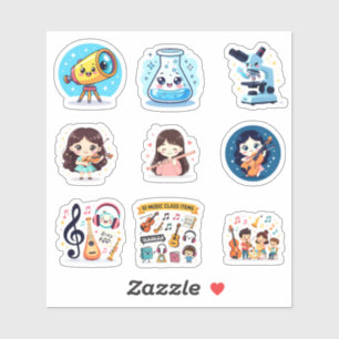 Sticker Colorful Cartoon Grid of Children in Music and Sci
