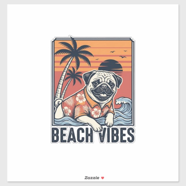 Sticker Conception de gravure vintage pug ambiance plage_1 (Feuille)