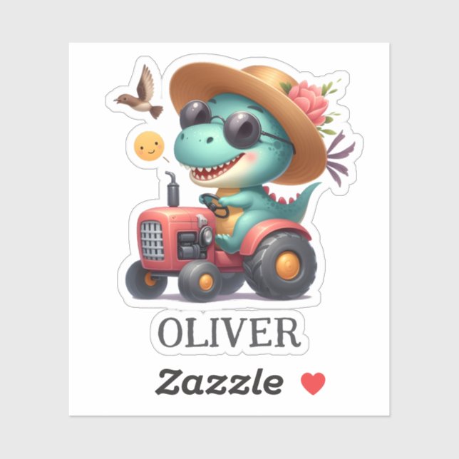 Sticker Cool Trex Dinosaur Fermier Conduisant Tracteur rou (Feuille)