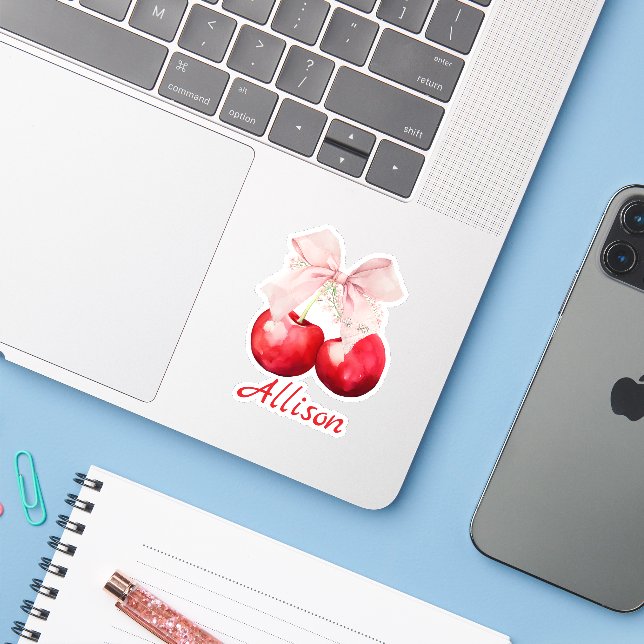Sticker Coquette Cerise Personnalisée Coupe Bow Rose (Ordinateur portable avec iPhone)