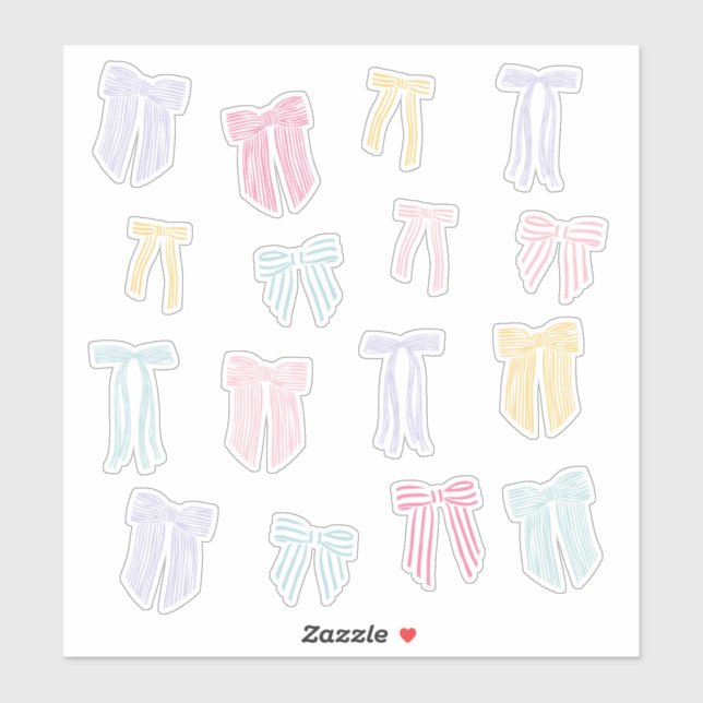 Sticker Coquette rayée Bows menthe jaune lilas rose (Feuille)