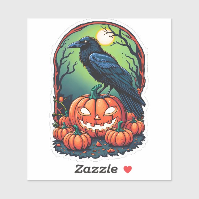 Sticker Corbeau d'Halloween dans un Patch Citrouille (Feuille)