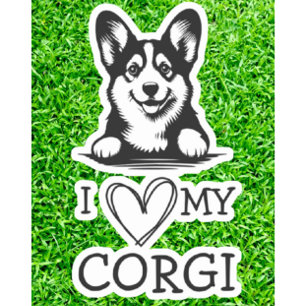 Sticker Corgi Thème Coeur Noir et Blanc