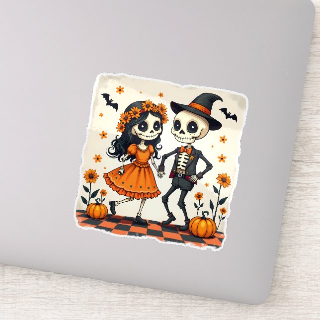 Sticker Couple de squelette d'Halloween mignon en orange (Détail)