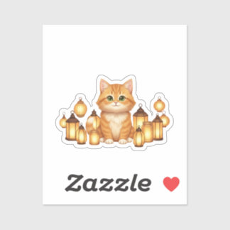 Sticker Cozy Cat with Glowing Lanterns New Year
