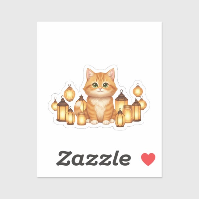 Sticker Cozy Cat with Glowing Lanterns New Year (Feuille)