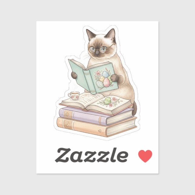 Sticker Cozy Librarian Cat Reading Easter Book Bookworm  (Feuille)