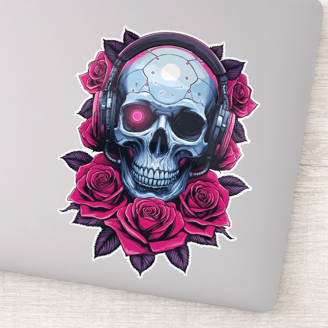 Sticker Crâne de mort en cyber-néon et Stick Rose (Détail)