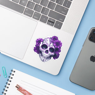 Sticker Crâne de sucre noir violet Floral Jour des morts