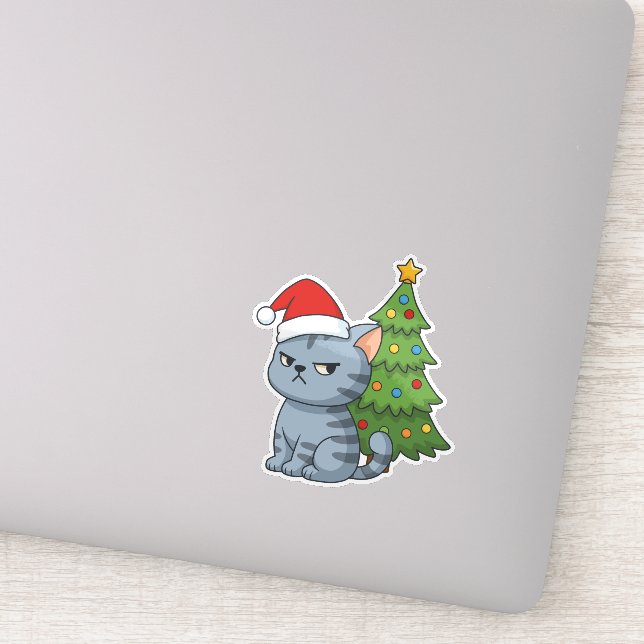 Sticker Cranky Grey Tabby Cat Red Hat Christmas Tree (Détail)